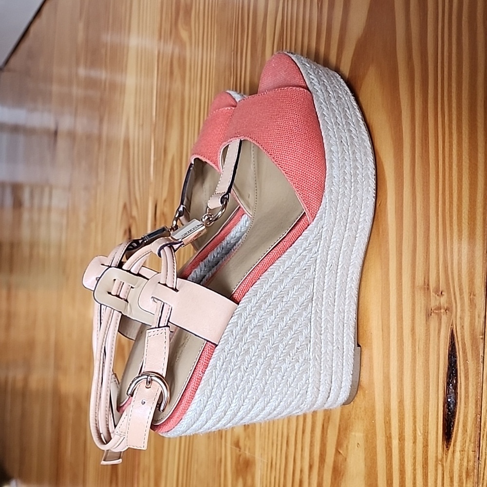 Coach Leah Canvas Vegan Leather Papaya Natural Wedges Size 8